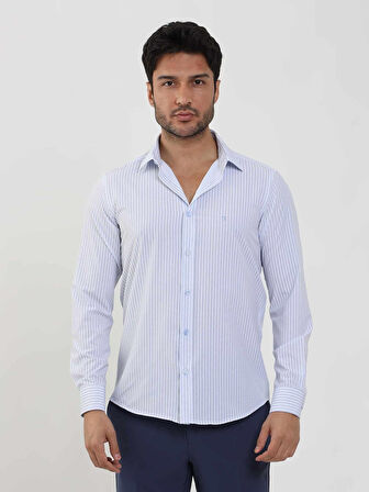 Dufy Mavi Erkek Slim Fit Çizgili Düğmeli Yaka Uzun Kol Gömlek - 104860