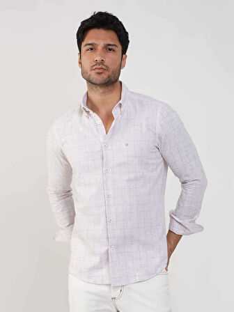 Dufy Bej Erkek Slim Fit Kareli Düğmeli Yaka Uzun Kol Gömlek - 104875