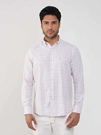 Dufy Bej Erkek Slim Fit Kareli Düğmeli Yaka Uzun Kol Gömlek - 104875