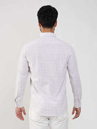 Dufy Bej Erkek Slim Fit Kareli Düğmeli Yaka Uzun Kol Gömlek - 104875