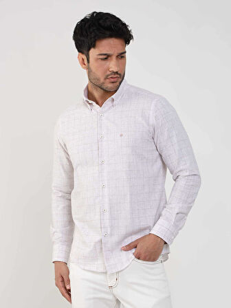 Dufy Bej Erkek Slim Fit Kareli Düğmeli Yaka Uzun Kol Gömlek - 104875