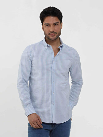 Dufy Mavi Erkek Slim Fit Çizgili Düğmeli Yaka Uzun Kol Gömlek - 104900