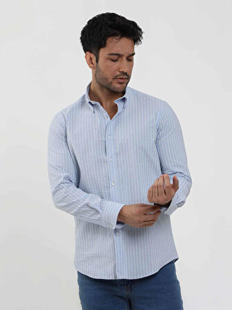 Dufy Mavi Erkek Slim Fit Çizgili Düğmeli Yaka Uzun Kol Gömlek - 104900