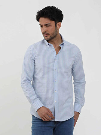 Dufy Mavi Erkek Slim Fit Çizgili Düğmeli Yaka Uzun Kol Gömlek - 104900