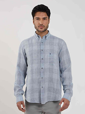 Dufy Mavi Erkek Regular Fit Kareli Düğmeli Yaka Uzun Kol Keten Gömlek - 104905