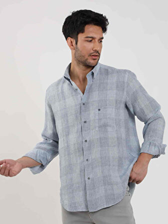 Dufy Mavi Erkek Regular Fit Kareli Düğmeli Yaka Uzun Kol Keten Gömlek - 104905