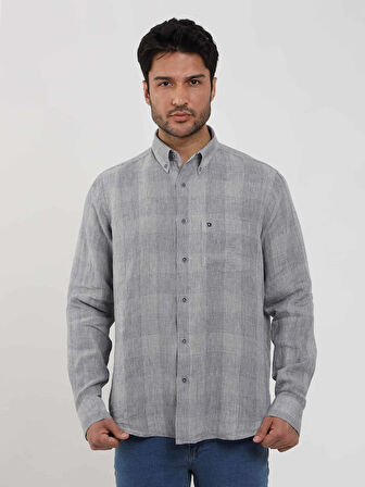 Dufy Gri Erkek Regular Fit Kareli Düğmeli Yaka Uzun Kol Keten Gömlek - 104910