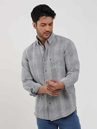 Dufy Gri Erkek Regular Fit Kareli Düğmeli Yaka Uzun Kol Keten Gömlek - 104910