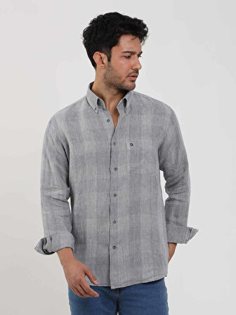 Dufy Gri Erkek Regular Fit Kareli Düğmeli Yaka Uzun Kol Keten Gömlek - 104910