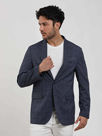 Dufy Lacivert Erkek Slim Fit Çizgili Sivri Yaka Ceket - 104442
