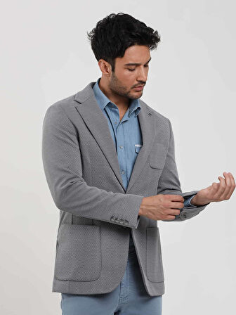 Dufy Gri Erkek Slim Fit Balıksırtı Desenli Mono Yaka Ceket - 104447