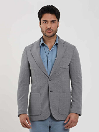 Dufy Gri Erkek Slim Fit Balıksırtı Desenli Mono Yaka Ceket - 104447