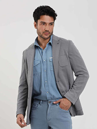 Dufy Gri Erkek Slim Fit Balıksırtı Desenli Mono Yaka Ceket - 104447
