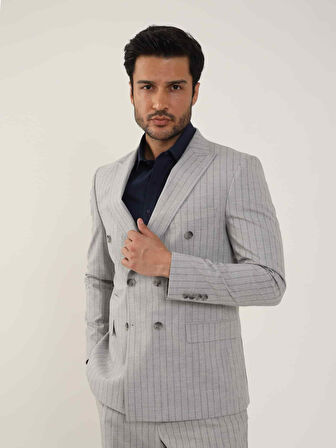 Dufy Gri Erkek Slim Fit Çizgili Kruvaze Yaka Takım Elbise - 104422