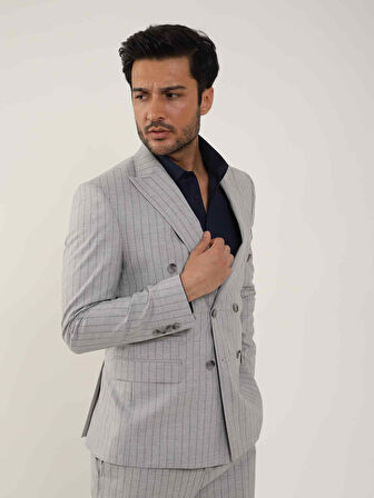Dufy Gri Erkek Slim Fit Çizgili Kruvaze Yaka Takım Elbise - 104422