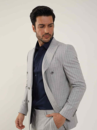 Dufy Gri Erkek Slim Fit Çizgili Kruvaze Yaka Takım Elbise - 104422