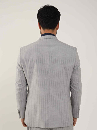 Dufy Gri Erkek Slim Fit Çizgili Kruvaze Yaka Takım Elbise - 104422