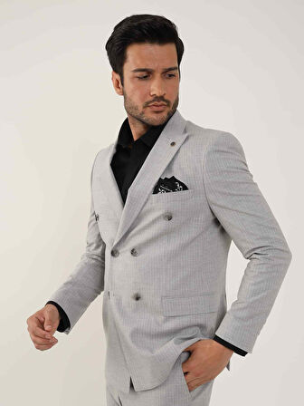 Dufy Gri Erkek Slim Fit Çizgili Kruvaze Yaka Takım Elbise - 104427