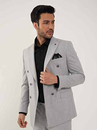 Dufy Gri Erkek Slim Fit Çizgili Kruvaze Yaka Takım Elbise - 104427