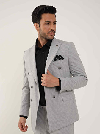 Dufy Gri Erkek Slim Fit Çizgili Kruvaze Yaka Takım Elbise - 104427