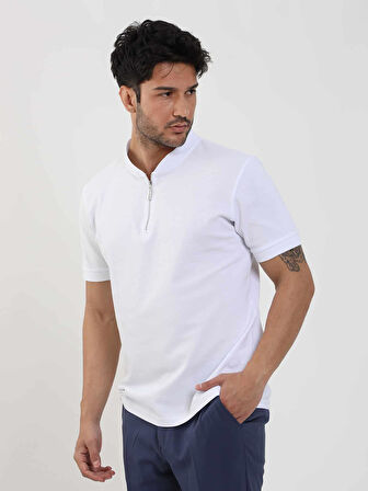 Dufy Beyaz Erkek Slim Fit Düz Bomber Yaka Tshirt - 105294