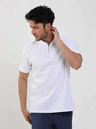 Dufy Beyaz Erkek Slim Fit Düz Bomber Yaka Tshirt - 105294