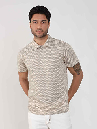 Dufy Bej Erkek Slim Fit Baklava Desenli Polo Yaka Tshirt - 105319