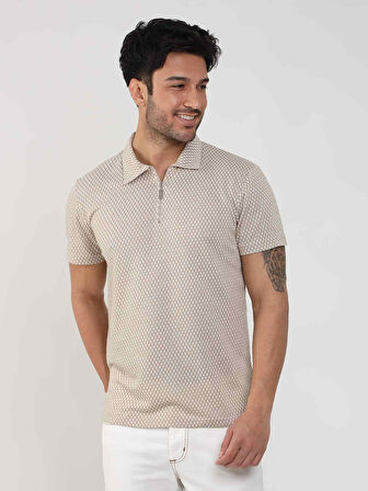 Dufy Bej Erkek Slim Fit Baklava Desenli Polo Yaka Tshirt - 105319