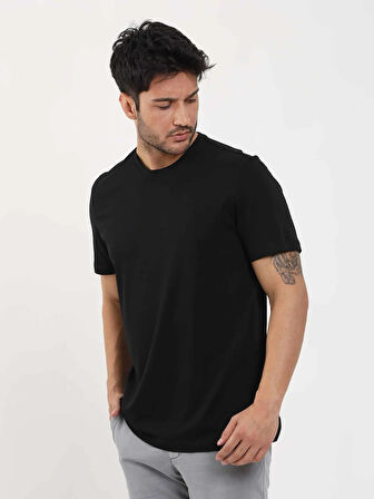 Dufy Siyah Erkek Slim Fit Düz O Yaka Tshirt - 105534