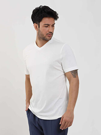 Dufy Ekru Erkek Slim Fit Düz V Yaka Tshirt - 105564