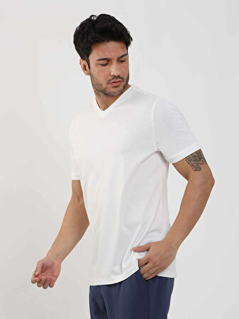 Dufy Ekru Erkek Slim Fit Düz V Yaka Tshirt - 105564