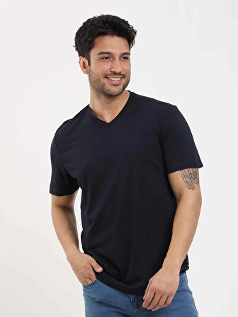 Dufy Lacivert Erkek Slim Fit Düz V Yaka Tshirt - 105594
