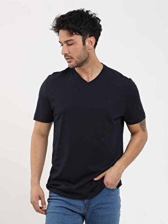 Dufy Lacivert Erkek Slim Fit Düz V Yaka Tshirt - 105594