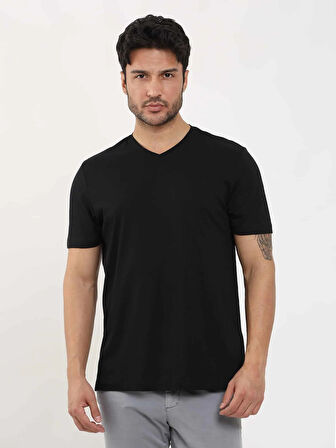 Dufy Siyah Erkek Slim Fit Düz V Yaka Tshirt - 105636