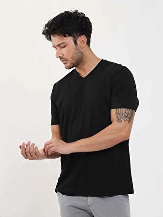 Dufy Siyah Erkek Slim Fit Düz V Yaka Tshirt - 105636