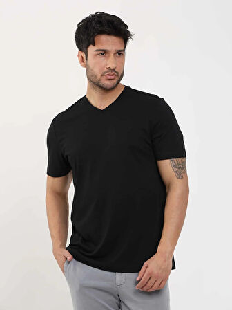 Dufy Siyah Erkek Slim Fit Düz V Yaka Tshirt - 105636