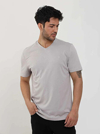 Dufy Gri Melanj Erkek Slim Fit Düz V Yaka Tshirt - 105648