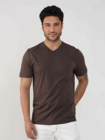 Dufy Kahverengi Erkek Slim Fit Düz V Yaka Tshirt - 105675
