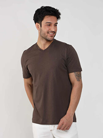 Dufy Kahverengi Erkek Slim Fit Düz V Yaka Tshirt - 105675