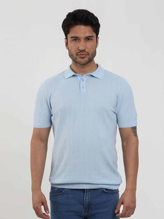 Dufy Buz Mavisi Erkek Slim Fit Balıksırtı Desenli Polo Yaka Kazak - 104566