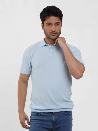 Dufy Buz Mavisi Erkek Slim Fit Balıksırtı Desenli Polo Yaka Kazak - 104566