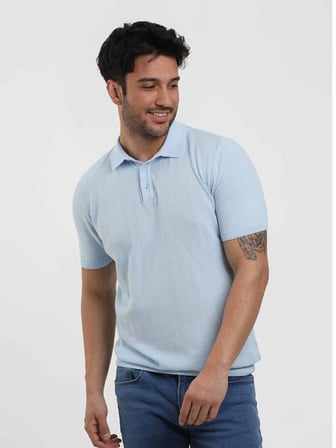 Dufy Buz Mavisi Erkek Slim Fit Balıksırtı Desenli Polo Yaka Kazak - 104566