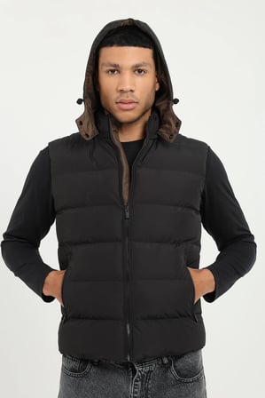 Siyah Slim Fit Şişme Kapüşonlu Erkek Yelek Mont