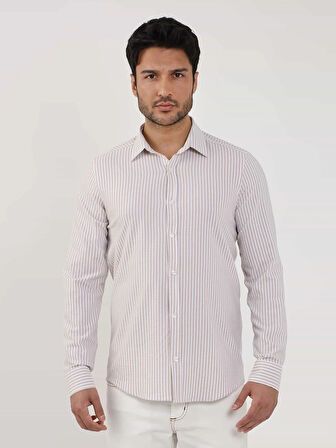 Dufy Bej Erkek Slim Fit Çizgili Klasik Yaka Uzun Kol Gömlek - 107438