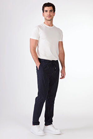 Lacivert Erkek Slim Fit Çizgili Pantolon 