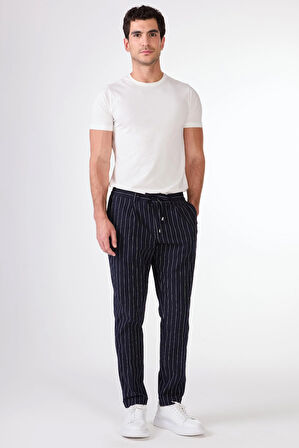 Lacivert Erkek Slim Fit Çizgili Pantolon 
