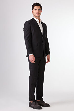 Siyah Düz Renk Yünlü Slim Fit Erkek Takım Elbise 