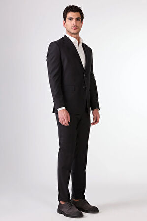Siyah Düz Renk Yünlü Slim Fit Erkek Takım Elbise 