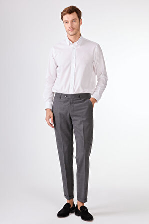 Gri Düz Renk Yünlü Slim Fit Erkek Takım Elbise 