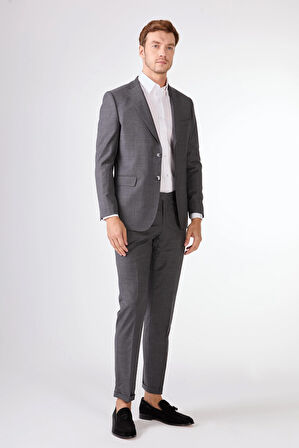Gri Düz Renk Yünlü Slim Fit Erkek Takım Elbise 